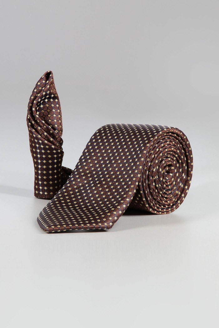 ست کراوات و پوشت خال خالی قهوه ای کد T01-07-2103 Tie and brown dotted leather set code T01-07-2103