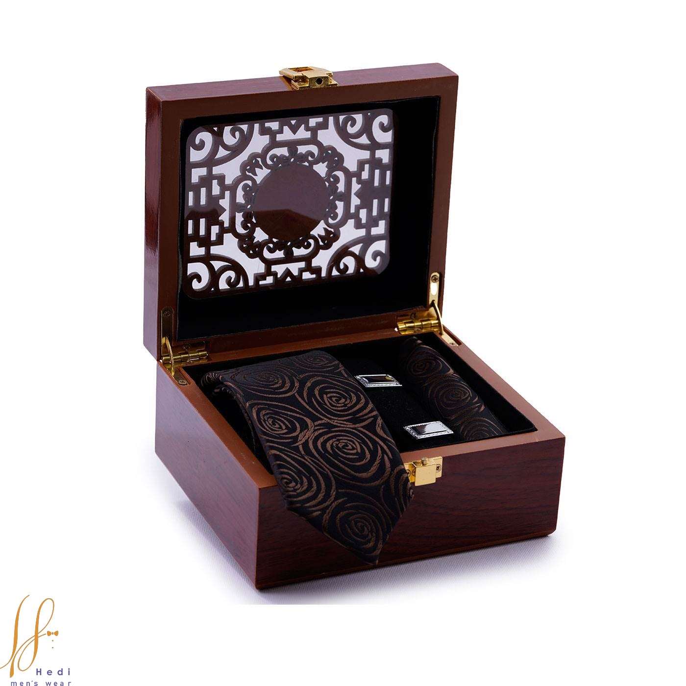 Tie and skin set with black and brown flower design, code T01-07-0131