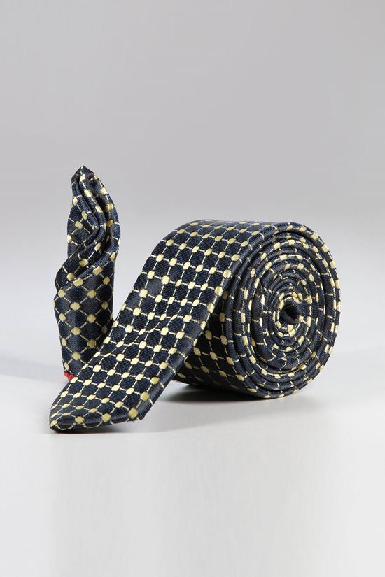 ست کراوات و پوشت طرح خال خالی سرمه ای زرد کد T01-07-1226