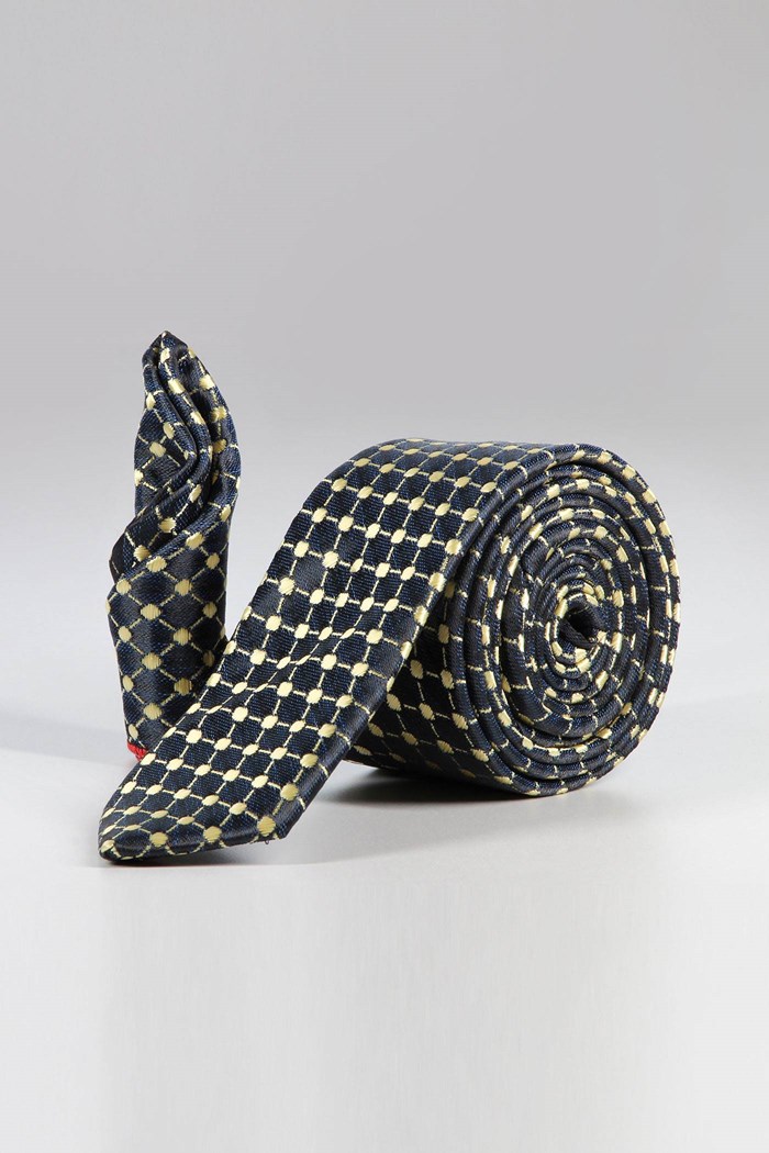ست کراوات و پوشت طرح خال خالی سرمه ای زرد کد T01-07-1226 Yellow and navy blue tie pattern and skin set code T01-07-1226