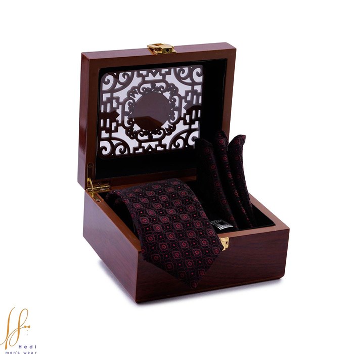 ست کراوات و پوشت طرح Macclesfield مشکی قرمز کد T01-07-0129 Tie set and leather Macclesfield design black red code T01-07-0129