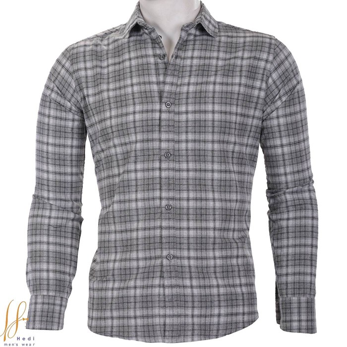 پیراهن مردانه چهارخانه طوسی ذغالی Charcoal gray checkered mens shirt