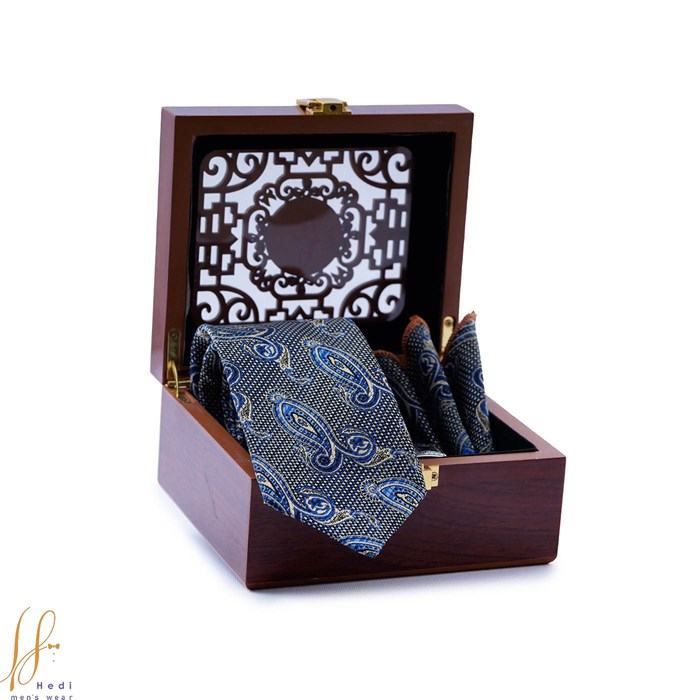 ست کراوات و پوشت طرح بته جقه کرم آبی کد T01-07-2408 Blue cream tie tie and leather set code T01-07-2408