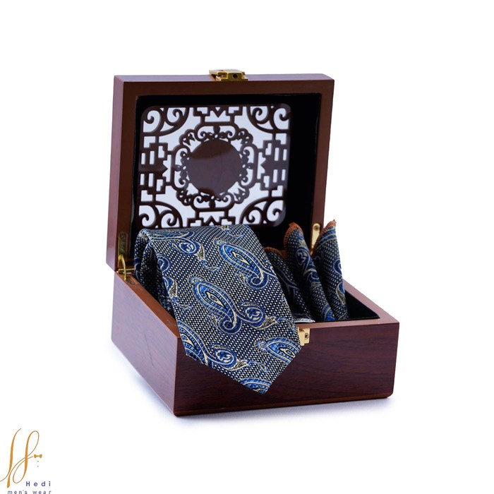 Blue cream tie tie and leather set code T01-07-2408