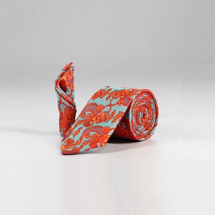 ست کراوات و پوشت طرح دار آبی نارنجی کد T01-07-0828 Blue and orange patterned tie and leather set code T01-07-0828