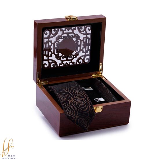 ست کراوات و پوشت طرح گل مشکی قهوه ای کد T01-07-0131